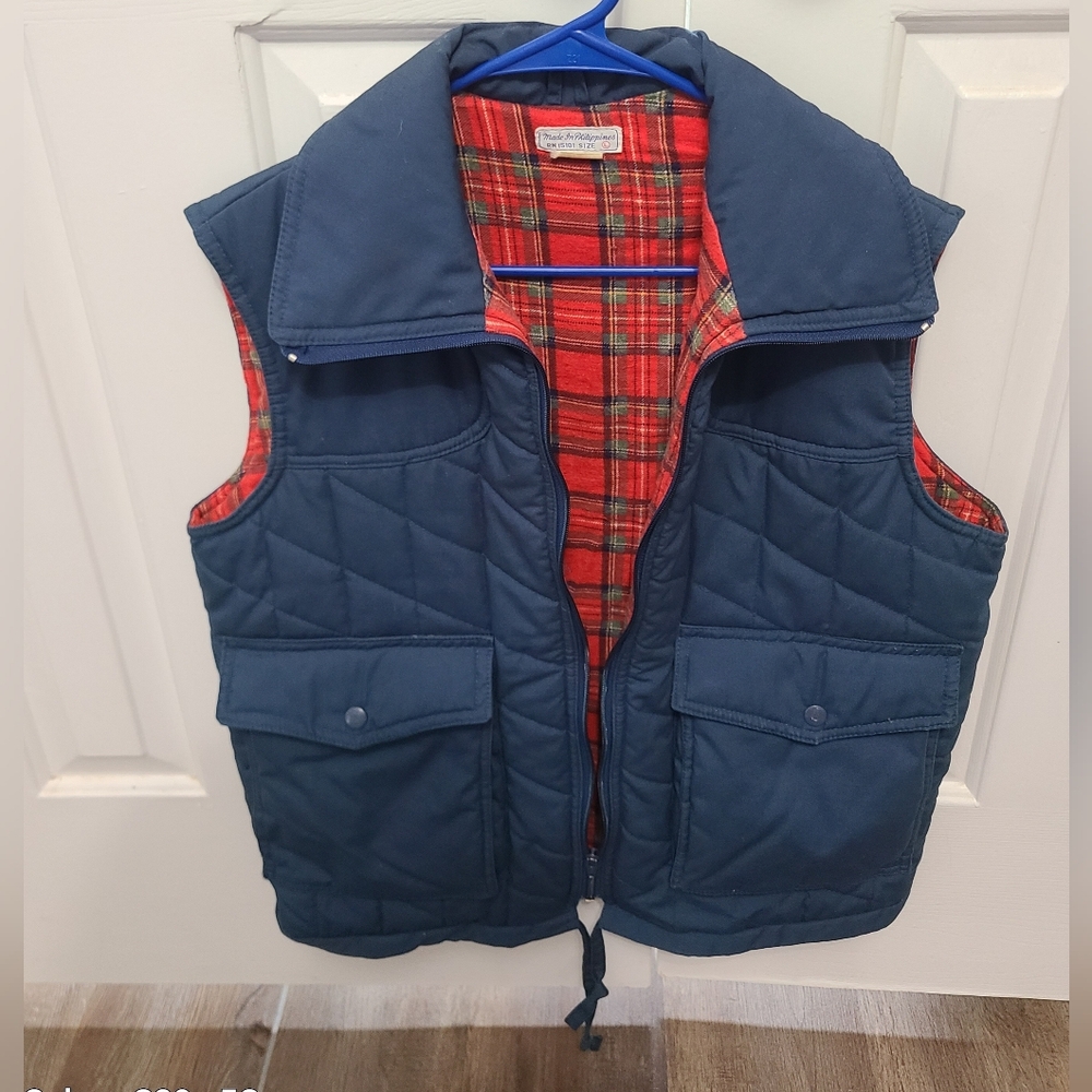 Vintage 80's Blue Quilted Puffer Vest With Red Plaid Lining Mens Large- Pockets